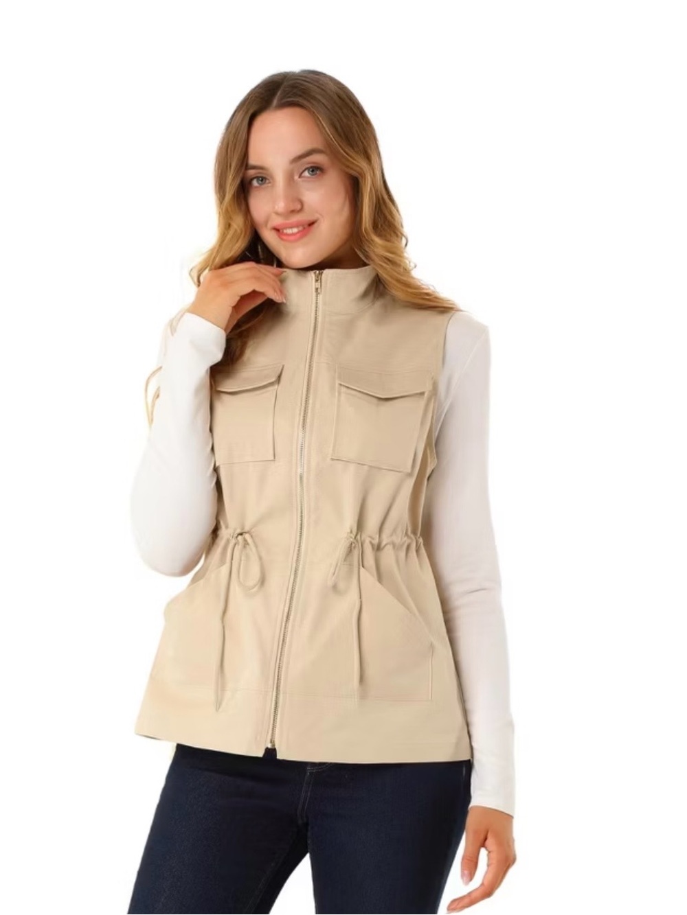 Allegra K Zip Up Sleeveless Casual Drawstring Utility Cargo Vest  Size Large NWT